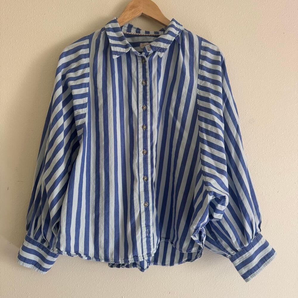 Pilcro Bailey Boyfriend Batwing Cotton Button Down Blouse Blue Stripe Size XL